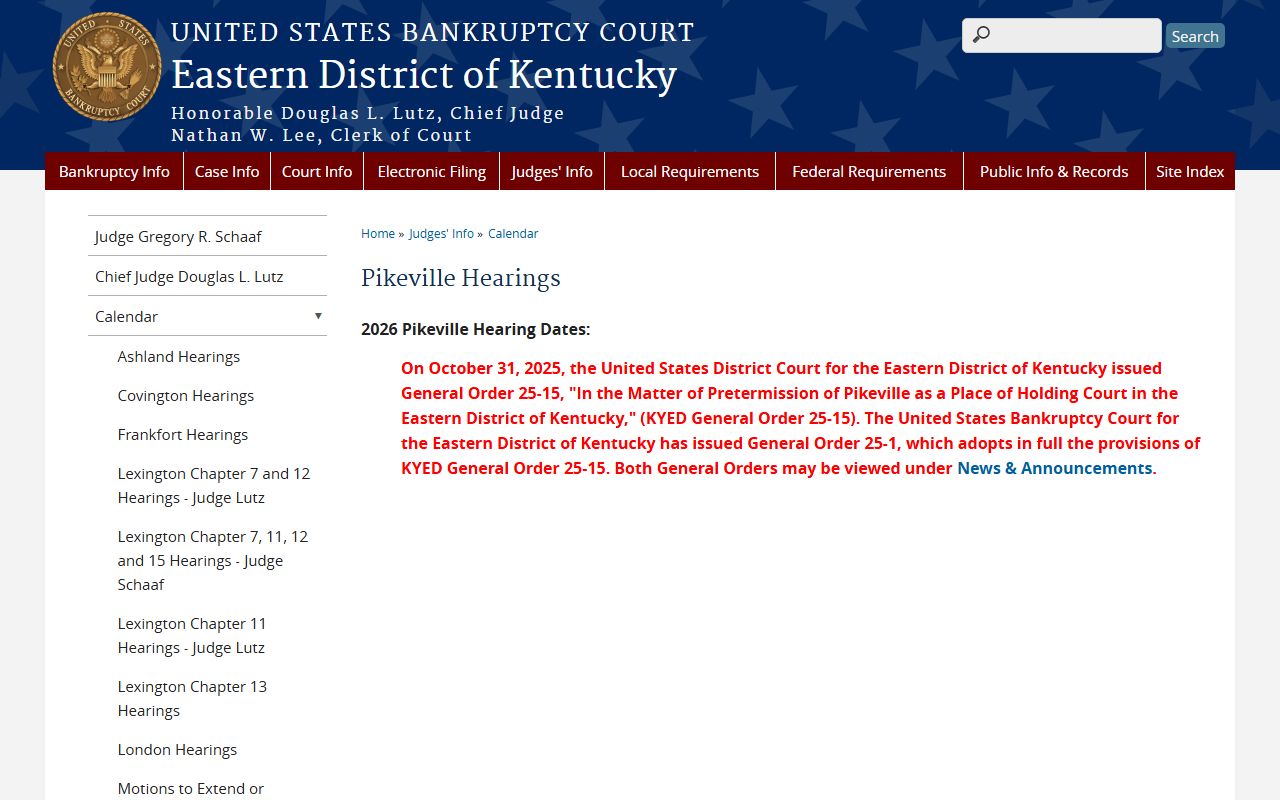 Pike County court dockets Bankruptcy Court Pikeville hearings notice