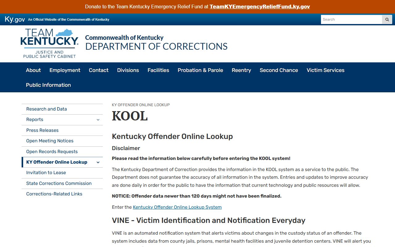 Pike County inmate records Kentucky DOC KOOL information page