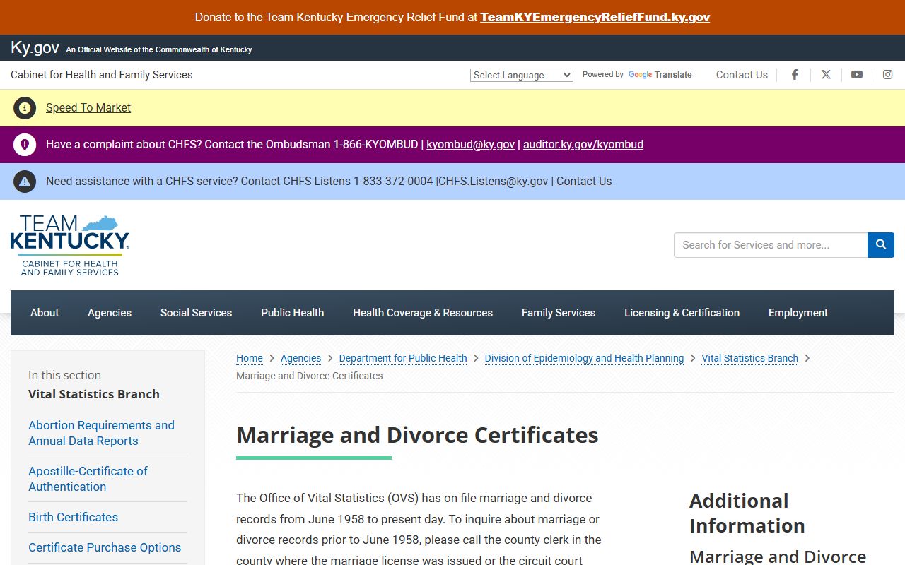 Pike County marriage and divorce records Kentucky OVS certificate page