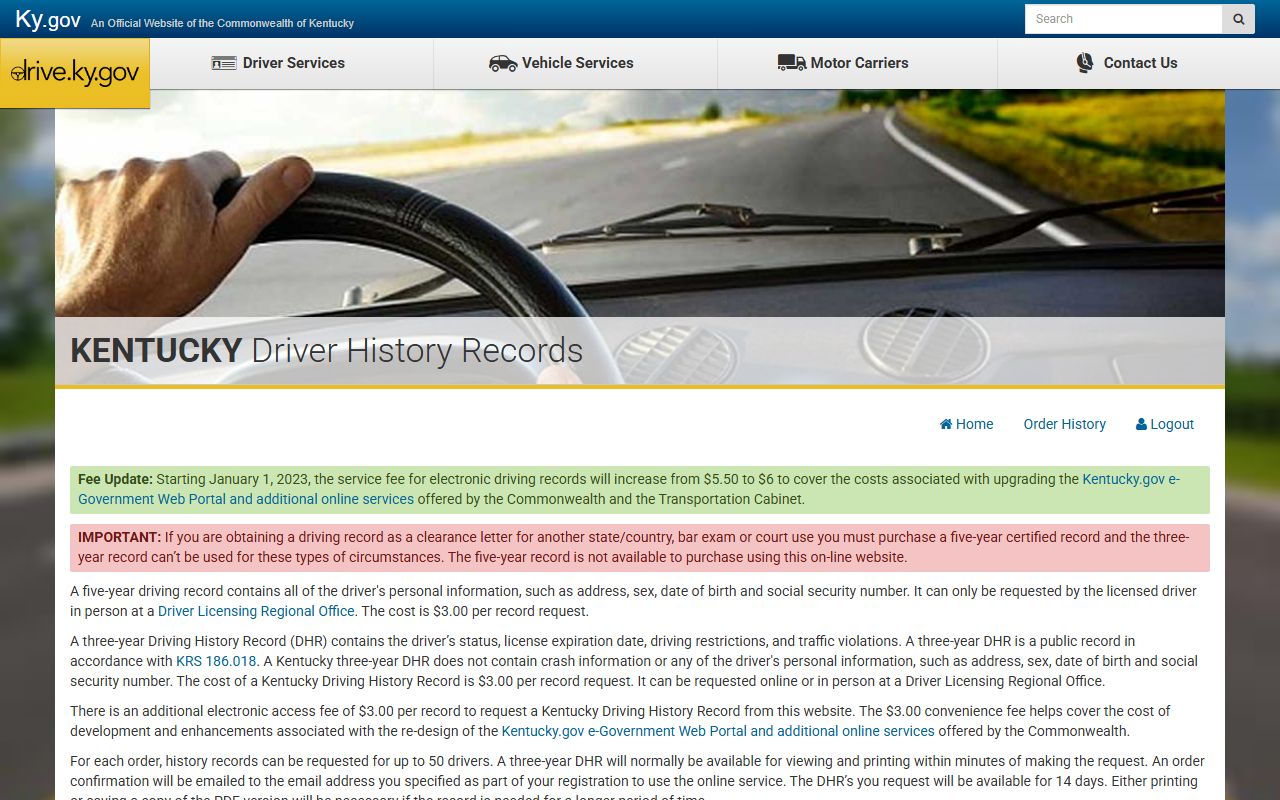 Pike County traffic court records Kentucky online driver history order portal